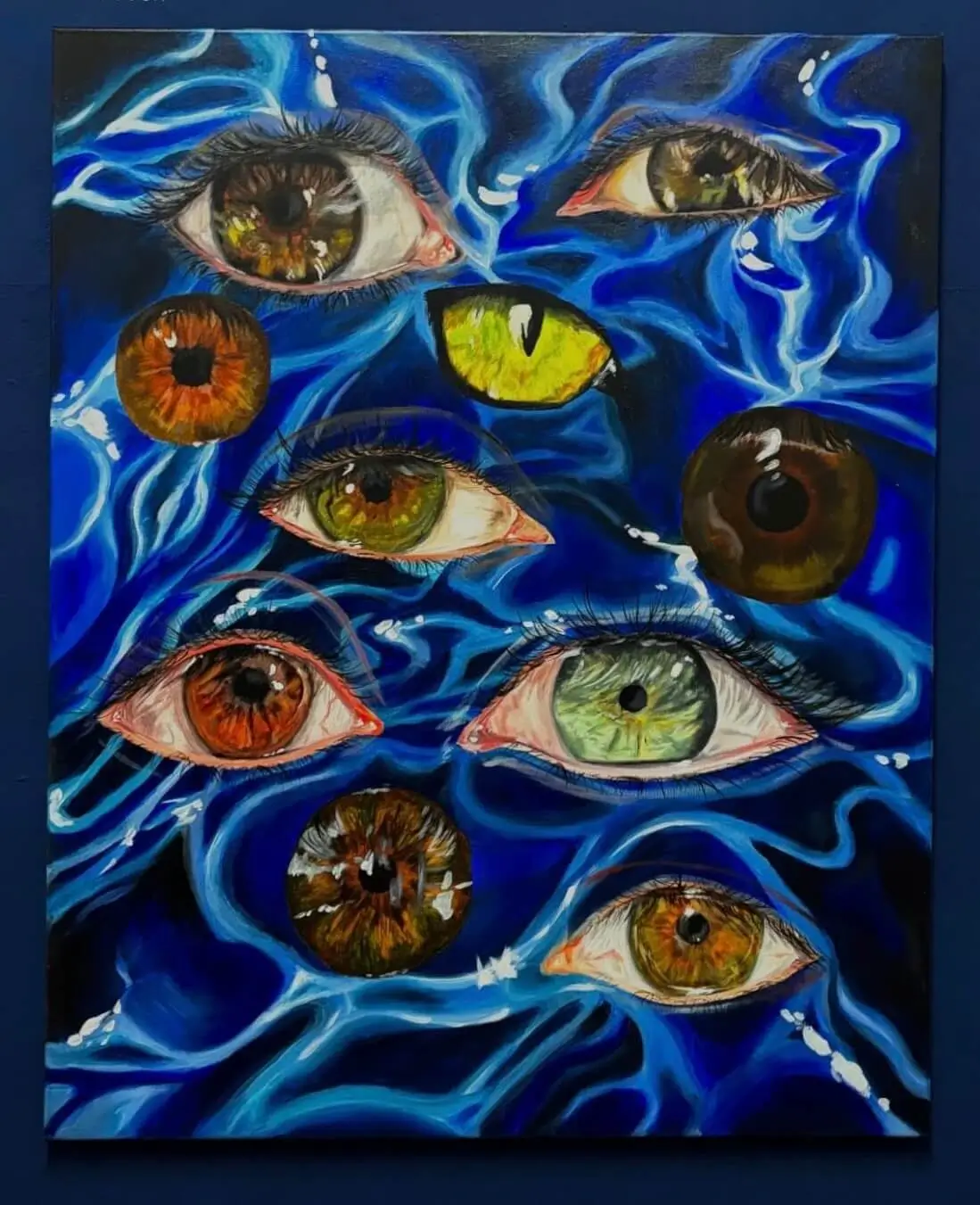 Acrylic painting with eyes on a watery background