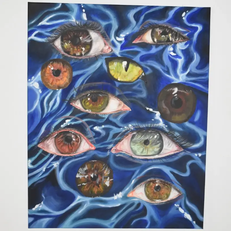 Acrylic painting with eyes on a watery background